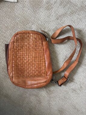 Genuine Leather Woven Leather Crossbody Bag - Tan